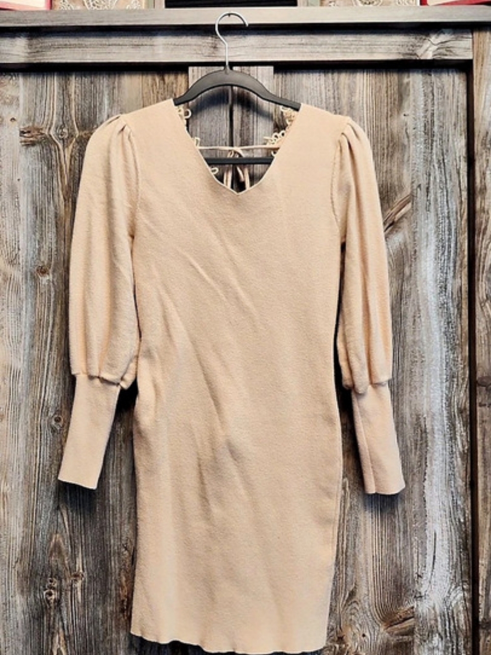 BEBEMI Lace Trim Mini Dress in Beige